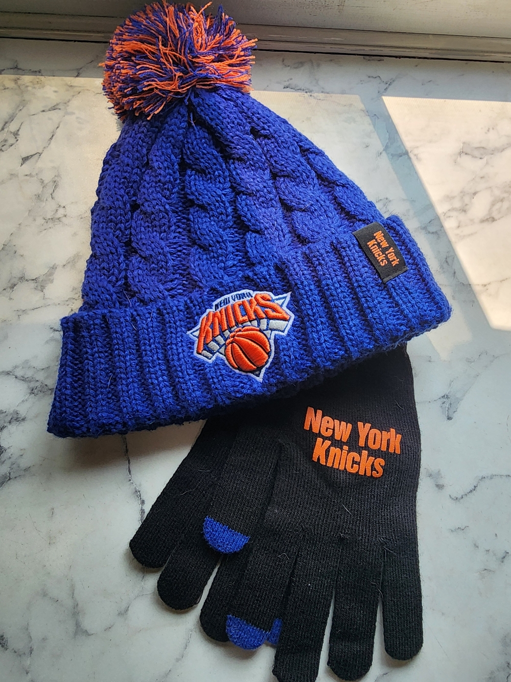 NBA New York Knicks Blue and Orange Pom Beanie with Black Gloves